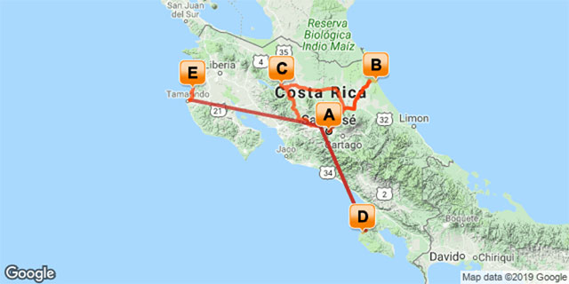 Costa Rica For The Adventurous, 15 Days - Map