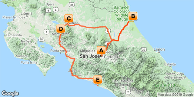 Costa Rica Family Adventure, 12 Days - Map